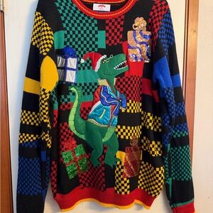 Holiday Time Men's Sweater with Dinosaur and Gift Design